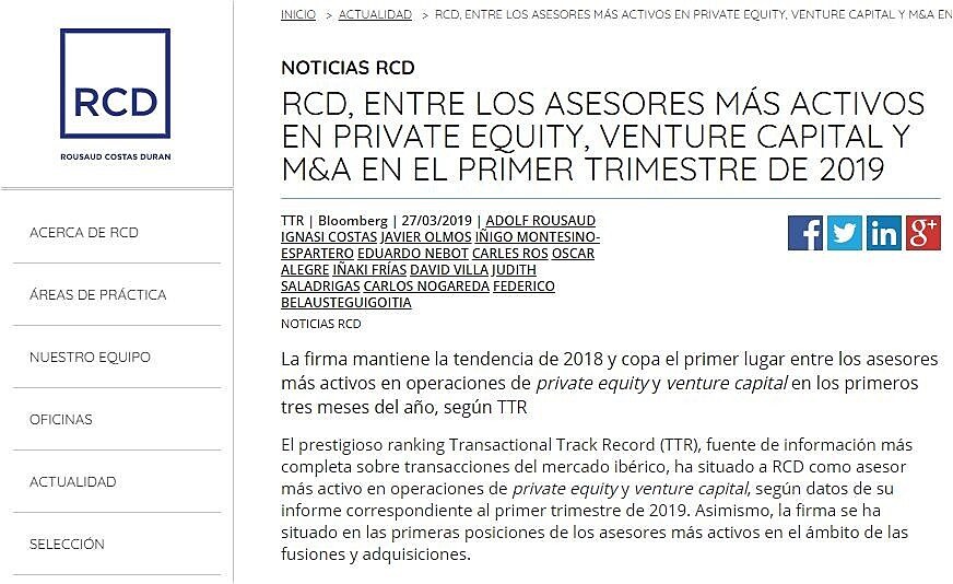 RCD, entre los asesores ms activos en private equity, venture capital y M&A